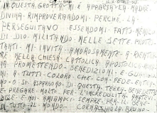 Testemunho de Bruno Cornacchiola grafado por ele próprio na parede da gruta. Os escritos referem-se ao episódio sobrenatural da Virgem que Se apresentou simultaneamente a ele e a seus três filhos